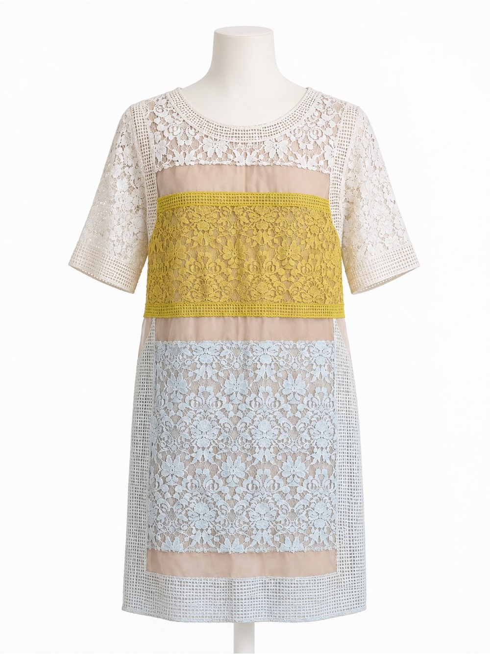 Rebecca Taylor $480 Silk Lace Colorblock Shift Dress Yellow Blue Ivory
